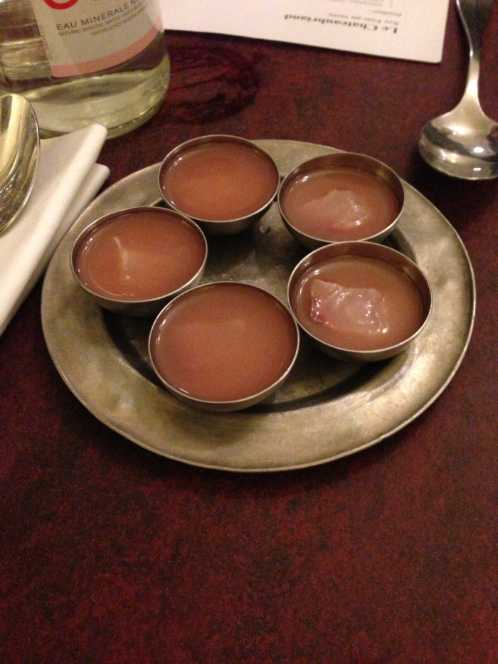 dinner was at Le Chateaubriand - the ?#15? restaurant in the world!  we braced for excitement ...  the first dish was a "shot" of ceviche - quite refreshing, although I'm not sure why one had to consume all the liquid - it dominated the fish's flavor!