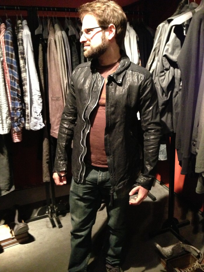 one of the stores we visited was a super-secret store ... well, maybe not "that" secret because our innkeepers did know about it - however, they had never been there.  it turned out that l'eclaireur is essentially a hidden store with no signs - you simply have to know the address and buzz on the door to be let in - and then after you are, you will be permitted access to an assortment of fabulous clothes and other items that are WAY too expensive for the meager salaries of g & t ... but drb got to trying on some badass leather jackets - he looks like an enemy "asset" in a Bourne film!