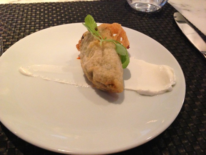 Pimento Cheese Stuffed Jalapeño:  Now I was happy they were taking a Southern Staple and stuffing it into a jalapeño- something I have always wanted. So on first cut the cheese comes oozing out. It was warm and gooey with nice heat of paprika too. The outside crust was perfectly crunchy and not too heavy. It was served with some creme fraiche that was a great cooling element after the warm heat.