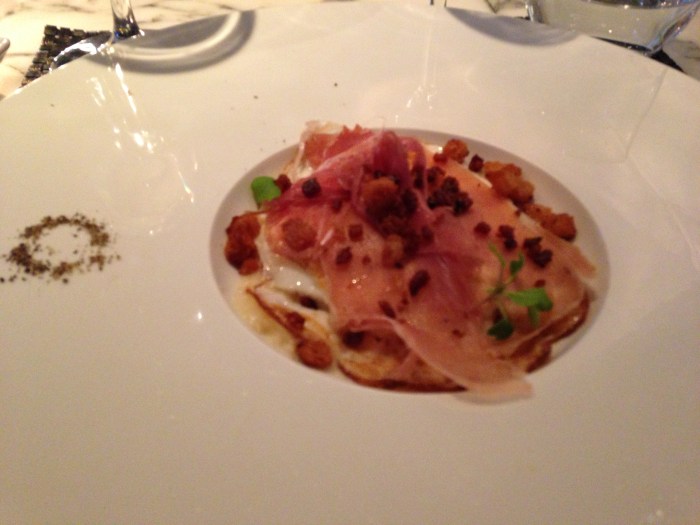 Eggs over Easy and Grits with Benton's Bacon Crumble: By far the standout of the meal was this grits dish. I am very particular about grits (t interjects: no seriously - taste kp's grits one day and you'll find out why) and these were perfectly cooked. They used broth from poached bacon to start the grits. They were perfectly creamy and seasoned to perfection. The eggs and bacon were a nice cut of salt into the  grits. The romano cheese and prosicutto on top were a nice cold contrast to the hot eggs and grits. You could tell a lot of love was put into this one.