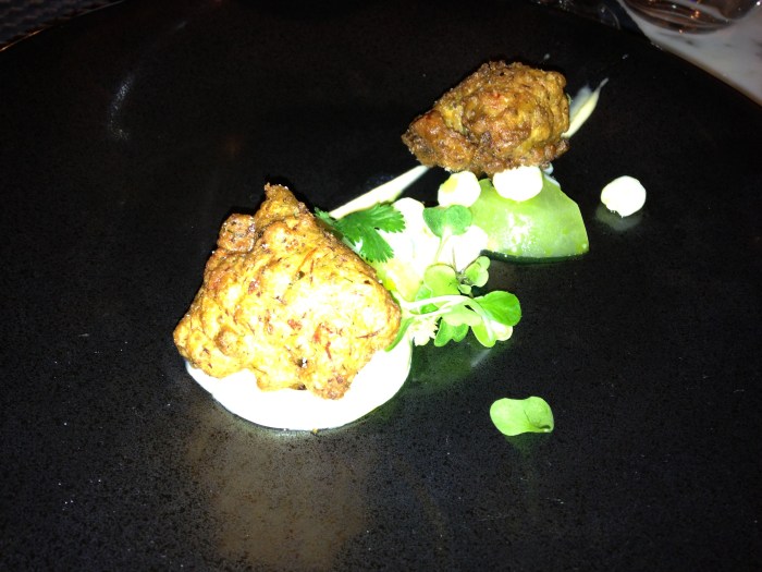 Crab fritter, pickled green tomatoes & hominy: I really liked the fact they switched up the classic fried hushpuppy into a crab fritter. I loved how they resisted frying the green tomato too. The crab fritter was nice and crispy on the outside and then interior was nice a soft. The tabasco mayonnaise as the dipping the sauce was a nice subtle heat with meal. The acid of the pickled tomato was nice cut into the heaviness from the fritters. I do wish though that fritters were a little more crunch and browned a little more for my tastes.