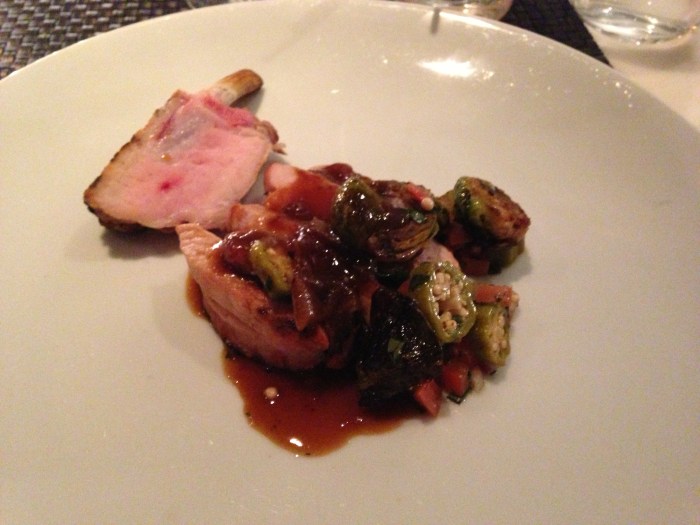 Smothered pork chops, brussel sprouts:  So these were a delight, typical of Southern “smohterering’ which means onions, tomato gravy that a meat is baked in. There version was just beautiful the meat was perfectly cooked and the gravy was nice and fatty with sweet onion taste. The gravy had the right thickness and salt and just really brought out the mild pork flavor.