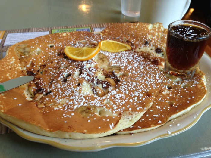 "Champion" (by wait time): custom concoction of banana-chocolate-PB pancakes at Honey's. Ultimately not as fluffy and loses points for undercookedness in the center of one of the pancakes - likely due to poor distribution of stuffings causing concentration in the center, thus making it more difficult to cook ... sorry guys - i can't take the blame if you're a little sloppy
