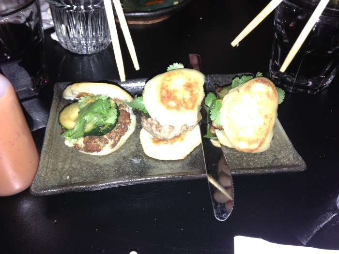 Buns: First, ask nicely and get all three types.Pork - Mild crunch on the bun with subtle sweet meatiness of ridiculous soft pork belly. ??Crunch all 3 with cucumber.?? Burger - The perfect cilantro pop to a meaty party, but our party disagreed on how good it was overall. Mung bean - Asian, falafel crunch so good my mother would eat it!