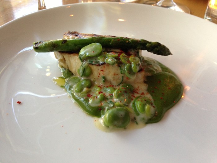 Swordfish spinach purée fave beans asparagus