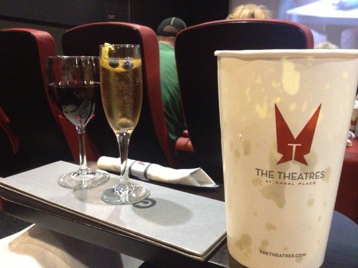 We went to the movies while there (it's a good mid-day activity to avoid the heat) and we enjoyed some delightful gourmet foods from our seat - some parmagiana-black-pepper popcorn, Oregon pinot, and a "Blue Velvet" featuring sparkling rose, St. Germain, candied blueberries, and a twist of lemon (yes, g says it was delicious).