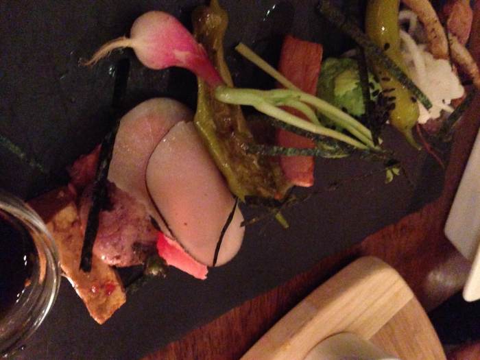     fancy radishes": this was an amazing array of radishes that is photographed extraordinarily poorly. I have to say that I did not think I could possibly enjoy radishes this much - but I can see why this dish is often compared to a sashimi platter in terms of its beauty.  The leg up that it has over sashimi is that the textural differences between the different radishes and preparations are all over the place - so it was quite the adventure! (not that raw fish don't have different textures ...)  This one probably wins my award for best dish of the evening.