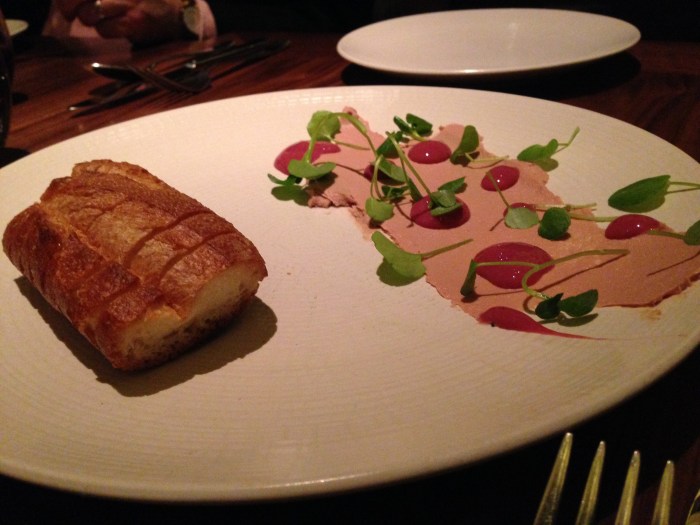 this wins for most startling in appearance, as the duck liver mousse was scraped onto the plate like a puddle of paint.  it had a wonderful balance of being both light and rich - the liver-enthusiasts among us approved!