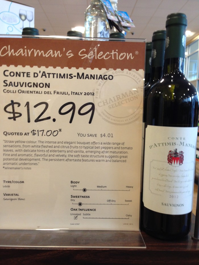 2012 Conte d'Attimis-Maniago "Sauvignon" (i.e. Sauvignon Blanc - not to be confused with Cabernet Sauvignon)