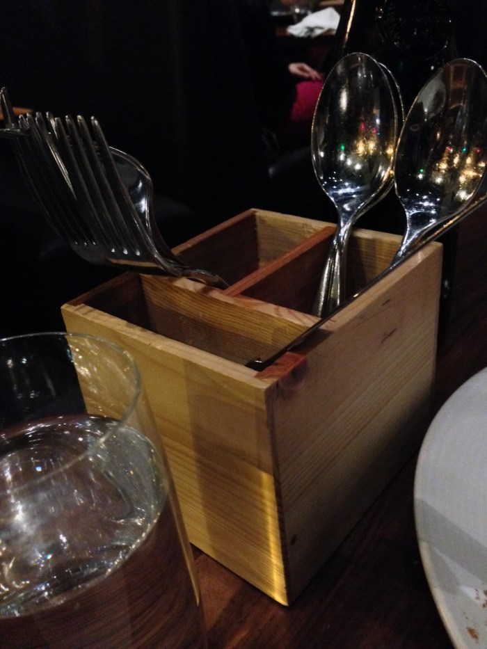 The format of the restaurant encourages multiple courses in series.  As such, there would have to be a lot of clearing of silverware ... except for now, when all you'd have to do is reach for the box of silverware already one the table!  I initially thought it was kind of lazy, but you know what - it was actually kind of brilliant!  I could switch up my silverware as often as I wanted!  kp and I were down for the choose-our-own-fork adventure!