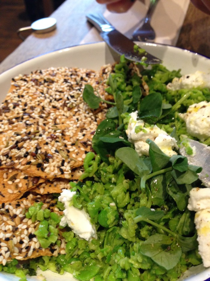 By dinner, we had journeyed over to Maida Vale. After a full-contact day of shopping and running, we settled down with this pea-goat cheese-mint combo on flatbread ...